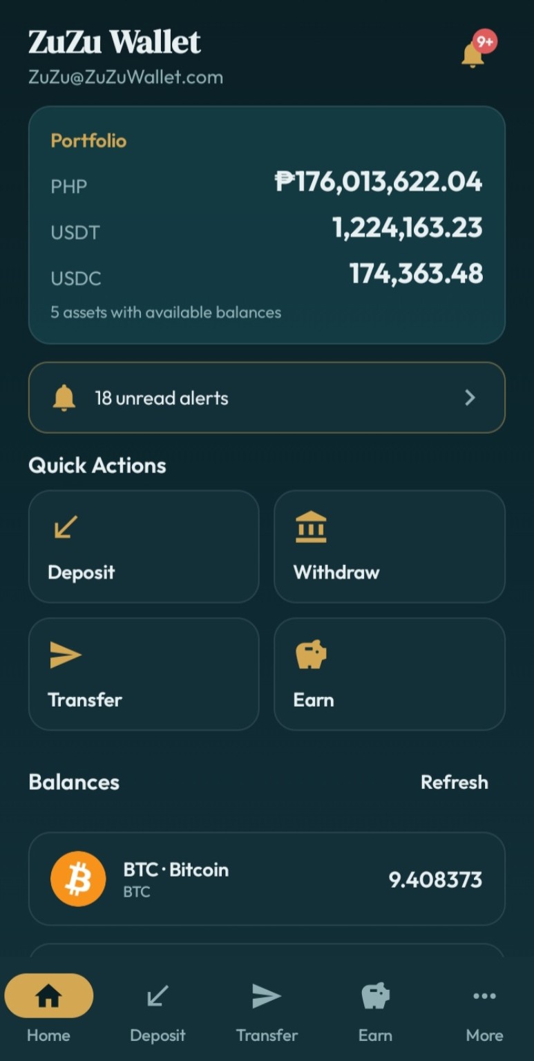 ZuZu Wallet Android home screen showing portfolio, quick actions, and balances